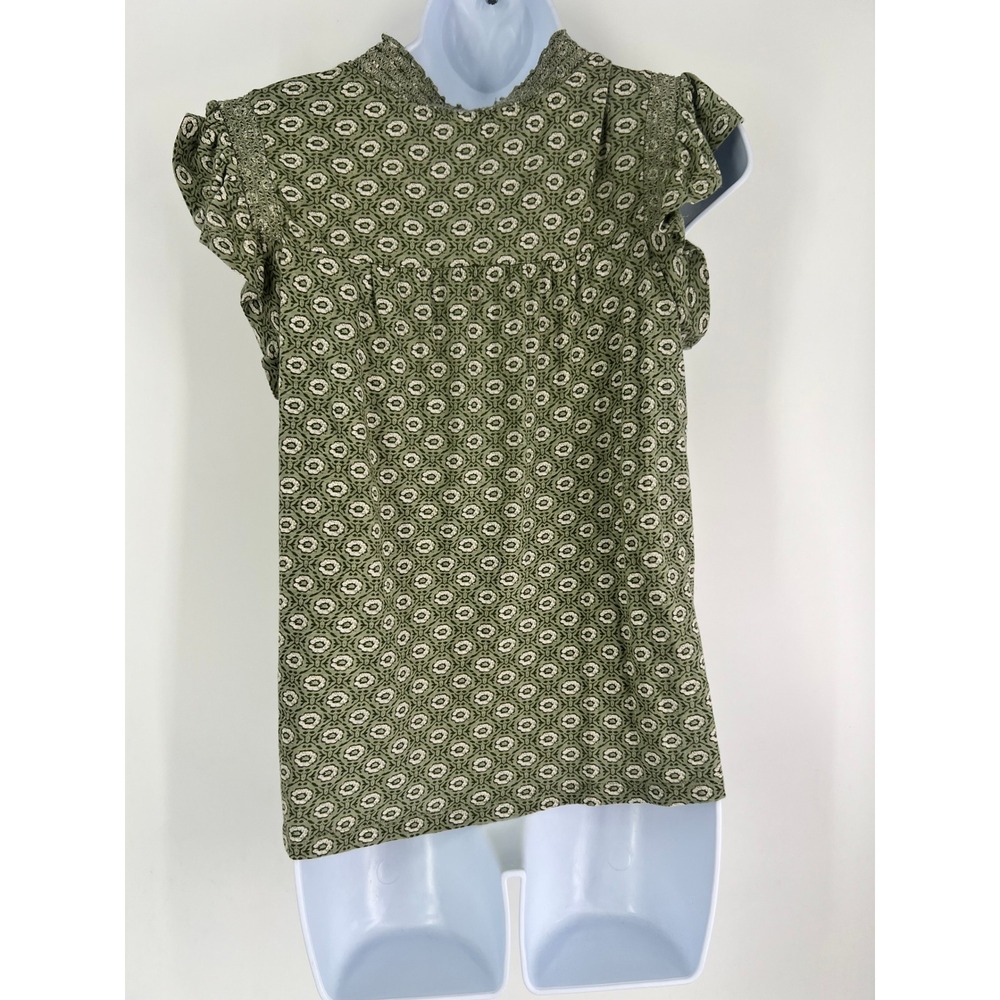 Lucky Brand Women Size M Green Printed Boho Flutter Sleeve Tassel Top - Picture 2 of 10